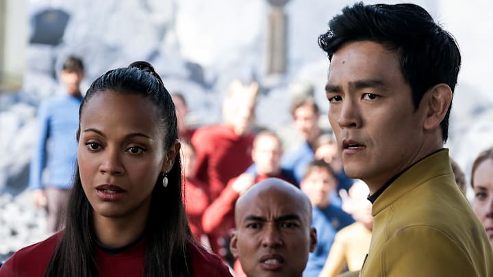 Left to right: Zoe Saldana plays Uhura and John Cho plays Sulu in Star Trek Beyond from Paramount Pictures, Skydance, Bad Robot, Sneaky Shark and Perfect Storm Entertainment Left to right: Zoe Saldana plays Uhura and John Cho plays Sulu in Star Trek Beyond from Paramount Pictures, Skydance, Bad Robot, Sneaky Shark and Perfect Storm Entertainment