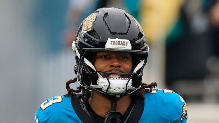 Jacksonville Jaguars wide receiver Jakobi Meyers (3) runs on the field before an NFL football matchup at EverBank Stadium, Sunday, Jan. 4, 2026, in Jacksonville, Fla. The Jaguars defeated the Titans 41-7, capturing the AFC South title. [Corey Perrine/Florida Times-Union]