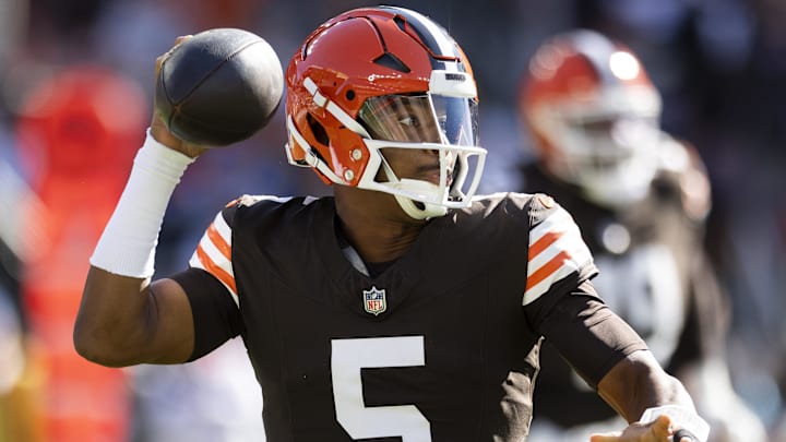 Nov 3, 2024; Cleveland, Ohio, USA; Cleveland Browns quarterback Jameis Winston (5) looks to throw the ball during the first quarter against the Los Angeles Chargers at Huntington Bank Field. Mandatory Credit: Scott Galvin-Imagn Images