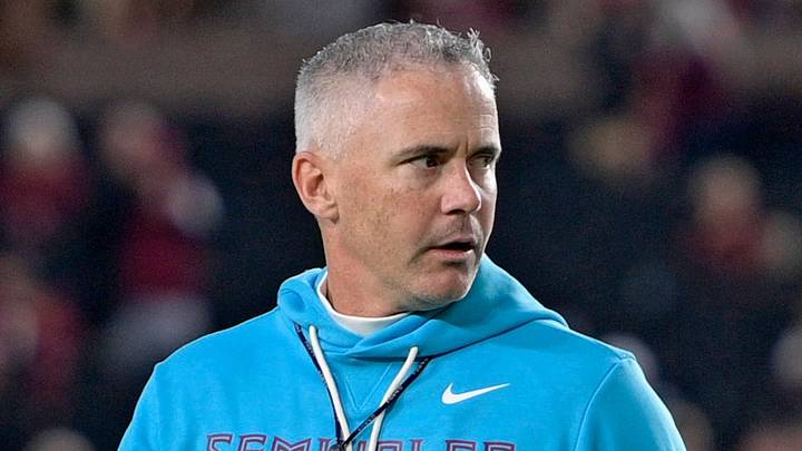 Nov 1, 2025; Tallahassee, Florida, USA; Florida State Seminoles head coach Mike Norvell walks on the field before the game against the Wake Forest Demon Deacons at Doak S. Campbell Stadium. Mandatory Credit: Melina Myers-Imagn Images