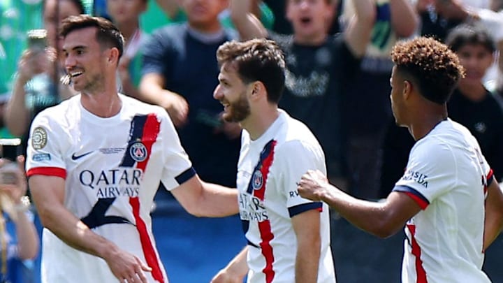 Khvicha Kvaratskhelia (middle) scored the opening and winning goal for PSG against the Seattle Sounders on Monday. 