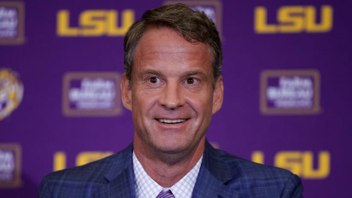 Dec 1, 2025; Baton Rouge, LA, USA; LSU new head coach Lane Kiffin speaks at South Stadium Club at Tiger Stadium. Mandatory Credit: Matthew Hinton-Imagn Images Dec 1, 2025; Baton Rouge, LA, USA; LSU new head coach Lane Kiffin speaks at South Stadium Club at Tiger Stadium. Mandatory Credit: Matthew Hinton-Imagn Images