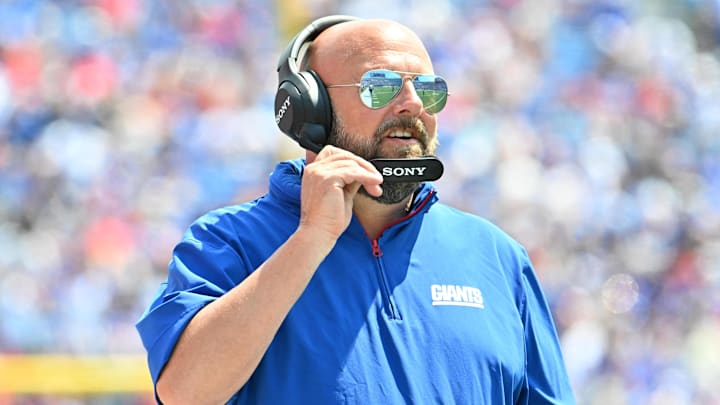 Aug 9, 2025; Orchard Park, New York, USA; New York Giants head coach Brian Daboll on the sidelines in the second quarter game against the Buffalo Bills at Highmark Stadium. Aug 9, 2025; Orchard Park, New York, USA; New York Giants head coach Brian Daboll on the sidelines in the second quarter game against the Buffalo Bills at Highmark Stadium.