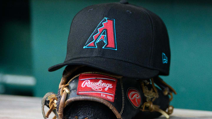 Apr 4, 2025; Washington, District of Columbia, USA; A detailed view of an Arizona Diamondbacks hat at the game between the Washington Nationals and the Arizona Diamondbacks at Nationals Park. 