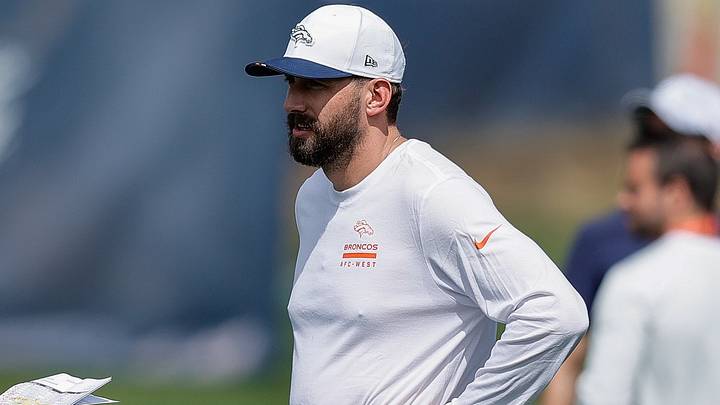 Jul 24, 2025; Englewood, CO, USA; Denver Broncos quarterbacks coach Davis Webb during Denver Broncos Training Camp. 
