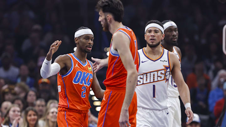 Nov 28, 2025; Oklahoma City, Oklahoma, USA; Oklahoma City Thunder guard Shai Gilgeous-Alexander (2) and center Chet Holmgren (7) high five after a play against the Phoenix Suns during the first quarter at Paycom Center. Mandatory Credit: Alonzo Adams-Imagn Images Nov 28, 2025; Oklahoma City, Oklahoma, USA; Oklahoma City Thunder guard Shai Gilgeous-Alexander (2) and center Chet Holmgren (7) high five after a play against the Phoenix Suns during the first quarter at Paycom Center. Mandatory Credit: Alonzo Adams-Imagn Images