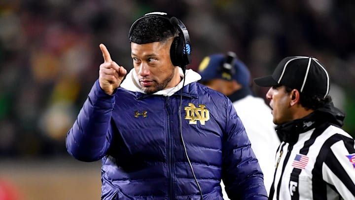 Dec 20, 2024; Notre Dame, Indiana, USA; Notre Dame Fighting Irish head coach Marcus Freeman during the third quarter against the Indiana Hoosiers at Notre Dame Stadium. Dec 20, 2024; Notre Dame, Indiana, USA; Notre Dame Fighting Irish head coach Marcus Freeman during the third quarter against the Indiana Hoosiers at Notre Dame Stadium.