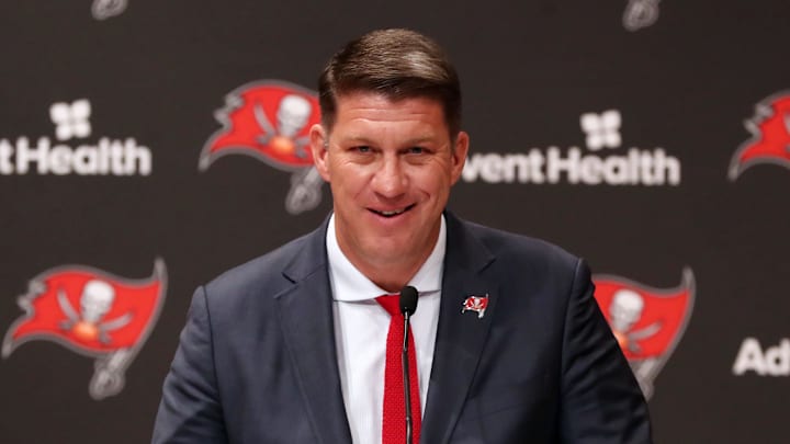 Tampa Bay Buccaneers general manager Jason Licht talks with media as he introduces new head coach Bruce Arians.