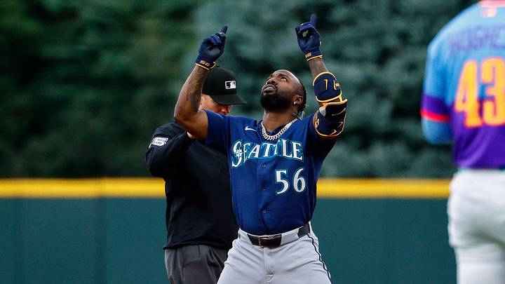 Sep 18, 2026; Denver, Colorado, USA; Seattle Mariners left fielder Randy Arozarena (56) reacts from second on a double in the first inning against the Colorado Rockies at Coors Field. Mandatory Credit: Isaiah J. Downing-Imagn Images Sep 18, 2026; Denver, Colorado, USA; Seattle Mariners left fielder Randy Arozarena (56) reacts from second on a double in the first inning against the Colorado Rockies at Coors Field. Mandatory Credit: Isaiah J. Downing-Imagn Images