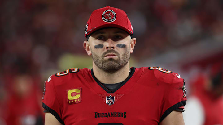 Tampa Bay Buccaneers quarterback Baker Mayfield during the second quarter of a NFC wild card playoff against the Washington Commanders.