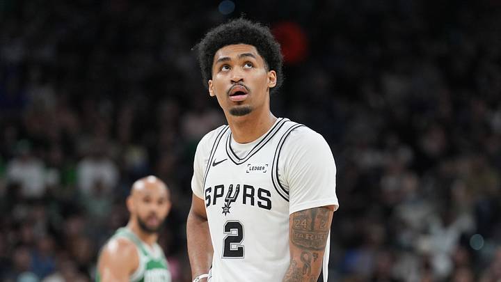Mar 10, 2026; San Antonio, Texas, USA;  San Antonio Spurs guard Dylan Harper (2) looks on during the second half against the Boston Celtics at Frost Bank Center. Mandatory Credit: Daniel Dunn-Imagn Images
