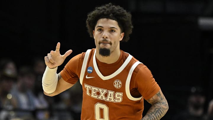Texas Longhorns guard Jordan Pope (0) reacts after a play in the first half against the Gonzaga Bulldogs during a second round game of the men's 2026 NCAA Tournament at Moda Center.