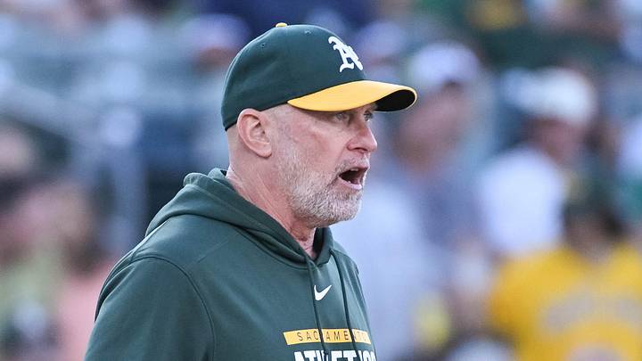 Jun 17, 2026; West Sacramento, California, USA; Athletics manager Mark Kotsay visits the mound during the fourth inning of the game against the Pittsburgh Pirates at Sutter Health Park. Mandatory Credit: Ed Szczepanski-Imagn Images