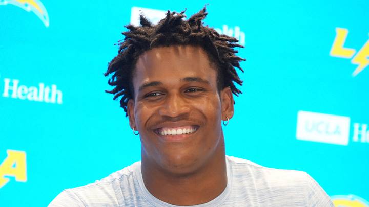 Jul 21, 2025; El Segundo, CA, USA; Los Angeles Chargers linebacker Junior Colson at training camp press conference  at The Bolt. Mandatory Credit: Kirby Lee-Imagn Images