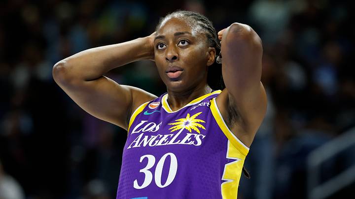 Los Angeles Sparks forward Nneka Ogwumike (30) looks on during the first half of a WNBA game. Los Angeles Sparks forward Nneka Ogwumike (30) looks on during the first half of a WNBA game.