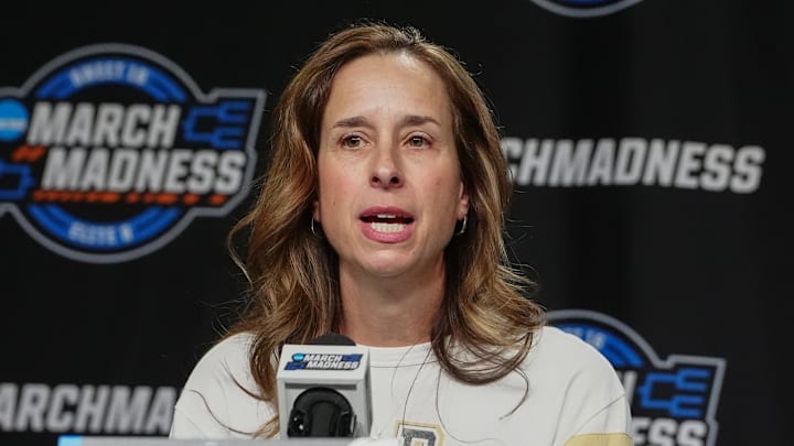 Mar 28, 2024; Albany, NY, USA; Colorado Buffaloes head coach JR Payne answers questions during the press conference prior to their NCAA Tournament Sweet 16 game at MVP Arena. Mar 28, 2024; Albany, NY, USA; Colorado Buffaloes head coach JR Payne answers questions during the press conference prior to their NCAA Tournament Sweet 16 game at MVP Arena.