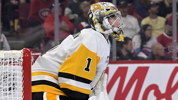 Sep 22, 2025; Montreal, Quebec, CAN; Pittsburgh Penguins goalie Sergei Murashov (1) during the second period of the game against the Montreal Canadiens at the Bell Centre. Mandatory Credit: Eric Bolte-Imagn Images