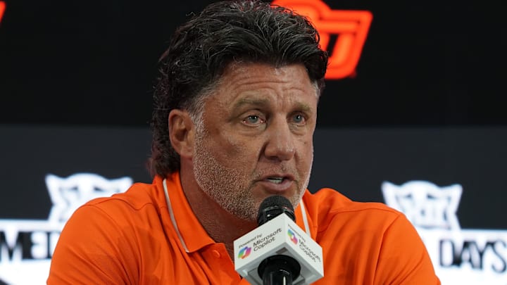 Jul 9, 2025; Frisco, TX, USA; Oklahoma State head coach Mike Gundy speaks with the media during 2025 Big 12 Football Media Days at The Star. Mandatory Credit: Raymond Carlin III-Imagn Images