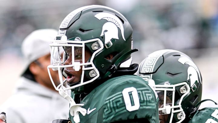 Michigan State's Charles Brantley catches a pass during a drill in the Spring Showcase on Saturday, April 20, 2024, at Spartan Stadium in East Lansing. Michigan State's Charles Brantley catches a pass during a drill in the Spring Showcase on Saturday, April 20, 2024, at Spartan Stadium in East Lansing.