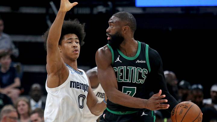 Mar 20, 2026; Memphis, Tennessee, USA; Boston Celtics guard Jaylen Brown (7) handles the ball as Memphis Grizzlies forward Jaylen Wells (0) during the third quarter at FedExForum. Mandatory Credit: Petre Thomas-Imagn Images Mar 20, 2026; Memphis, Tennessee, USA; Boston Celtics guard Jaylen Brown (7) handles the ball as Memphis Grizzlies forward Jaylen Wells (0) during the third quarter at FedExForum. Mandatory Credit: Petre Thomas-Imagn Images
