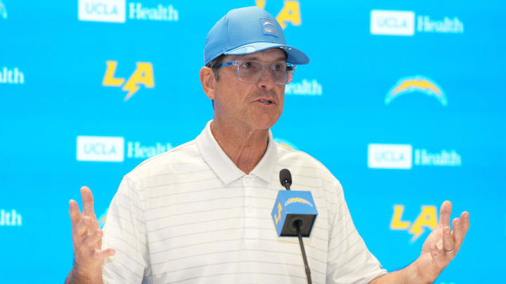 Jan 15, 2026; El Segundo, CA, USA; Los Angeles Chargers coach Jim Harbaugh at press conference at The Bolt. Mandatory Credit: Kirby Lee-Imagn Images