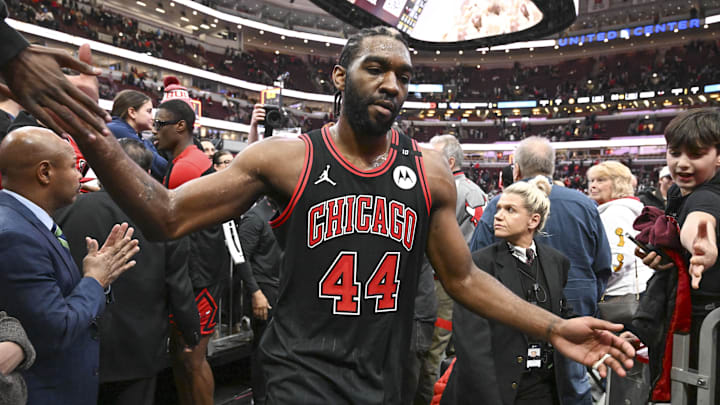 Jan 27, 2025; Chicago, Illinois, USA;  Chicago Bulls forward Patrick Williams (44) greets fans after a game against the Denver Nuggets at the United Center. Mandatory Credit: Matt Marton-Imagn Images
