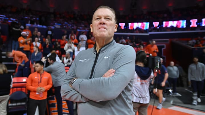 Dec 13, 2025; Champaign, Illinois, USA; Illinois Fighting Illini head coach Brad Underwood before the first half against the Nebraska Cornhuskers at State Farm Center. Mandatory Credit: Ron Johnson-Imagn Images Dec 13, 2025; Champaign, Illinois, USA; Illinois Fighting Illini head coach Brad Underwood before the first half against the Nebraska Cornhuskers at State Farm Center. Mandatory Credit: Ron Johnson-Imagn Images