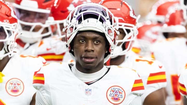 Aug 9, 2025; Glendale, Arizona, USA; Kansas City Chiefs wide receiver Xavier Worthy (1) against the Arizona Cardinals during a preseason NFL game at State Farm Stadium. Mandatory Credit: Mark J. Rebilas-Imagn Images