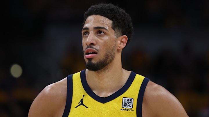 May 27, 2025; Indianapolis, Indiana, USA; Indiana Pacers guard Tyrese Haliburton (0) stands on court during the second quarter against the New York Knicks of game four of the eastern conference finals for the 2025 NBA Playoffs at Gainbridge Fieldhouse. Mandatory Credit: Trevor Ruszkowski-Imagn Images