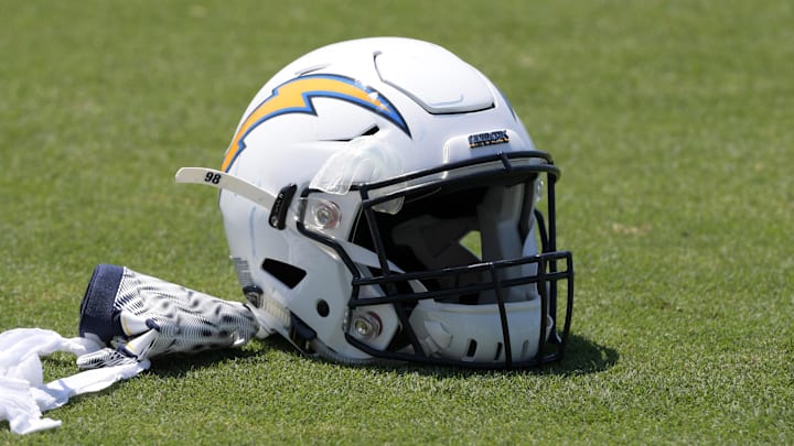 Jun 14, 2018; Costa Mesa, CA, USA; Los Angeles Chargers helmet of defensive end Isaac Rochell (not pictured) on the field during minicamp at the Hoag Performance Center. Mandatory Credit: Kirby Lee-Imagn Images