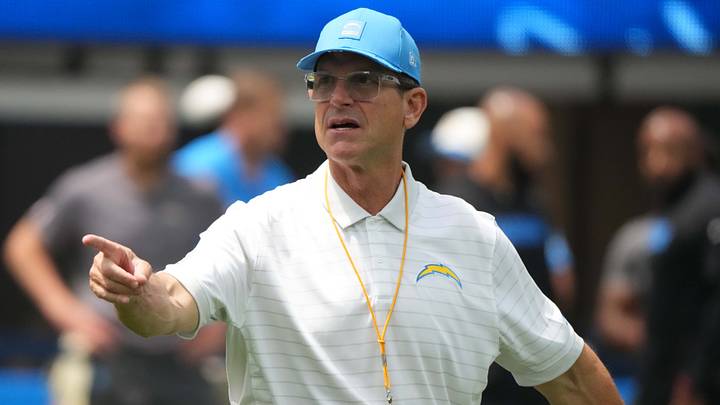 Aug 10, 2025; Inglewood, California, USA; Los Angeles Chargers coach Jim Harbaugh reacts during the game against the New Orleans Saints at SoFi Stadium. Mandatory Credit: Kirby Lee-Imagn Images Aug 10, 2025; Inglewood, California, USA; Los Angeles Chargers coach Jim Harbaugh reacts during the game against the New Orleans Saints at SoFi Stadium. Mandatory Credit: Kirby Lee-Imagn Images