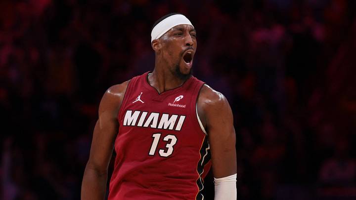 Miami Heat center Bam Adebayo (13) reacts  (Mandatory Credit: Sam Navarro-Imagn Images)