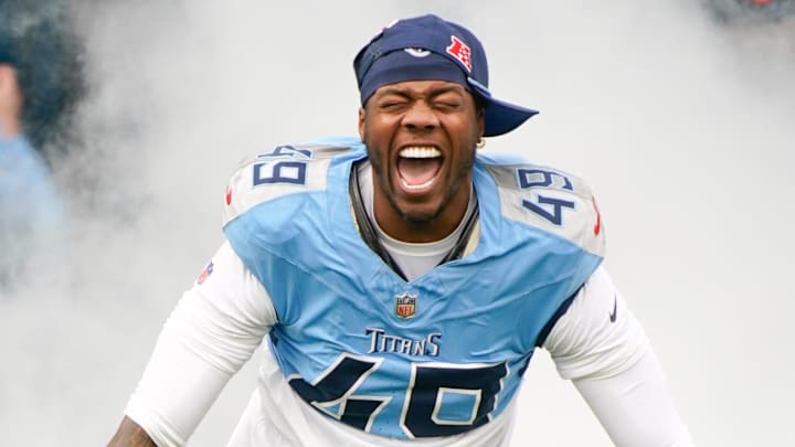 Tennessee Titans linebacker Arden Key (49) takes the field against the Jacksonville Jaguars at Nissan Stadium in Nashville, Tenn., Sunday, Dec. 8, 2024.