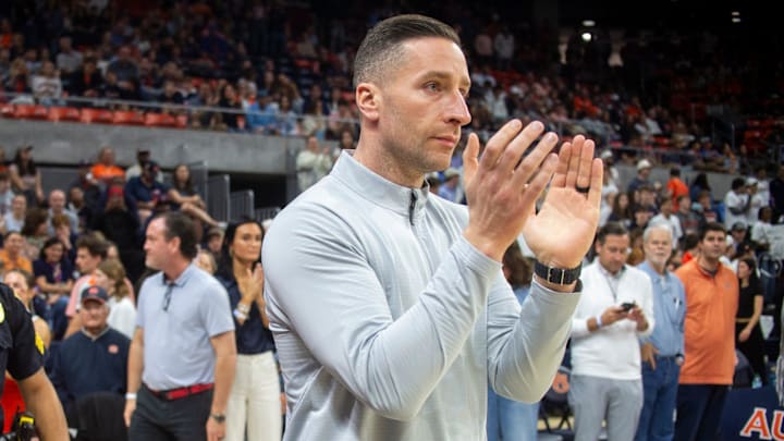 Auburn Tigers head coach Steven Pearl takes the court as Auburn Tigers take on Ole Miss Rebels at Neville Arena in Auburn, Ala. on Saturday, Feb. 28, 2026.