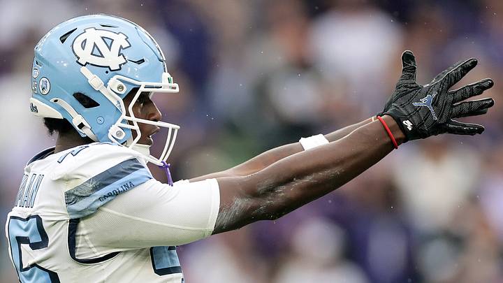 Aug 29, 2026; Dublin, Co. Dublin, IRL; North Carolina Tar Heels tight end Jelani Thurman (45) celebrates a first down against the TCU Horned Frogs in the first half at Aviva Stadium. Mandatory Credit: Laszlo Geczo-Imagn Images