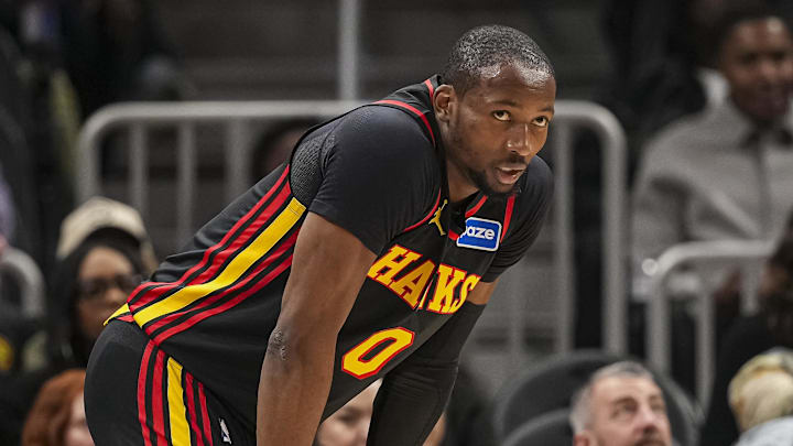 Feb 24, 2026; Atlanta, Georgia, USA; Atlanta Hawks forward Jonathan Kuminga (0) on the court against the Washington Wizards during the first half at State Farm Arena. Mandatory Credit: Dale Zanine-Imagn Images