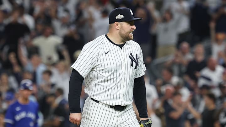 Oct 7, 2025; Bronx, New York, USA; New York Yankees pitcher David Bednar (53) reacts after the Yankees defeated the Toronto Blue Jays in game three of the ALDS round of the 2025 MLB playoffs at Yankee Stadium. Mandatory Credit: Vincent Carchietta-Imagn Images