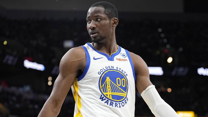 Mar 11, 2024; San Antonio, Texas, USA; Golden State Warriors forward Jonathan Kuminga (00) reacts to a call by an official during the first half against the San Antonio Spurs at Frost Bank Center. Mandatory Credit: Scott Wachter-Imagn Images