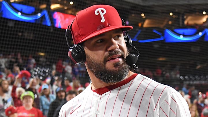 Sep 9, 2025; Philadelphia, Pennsylvania, USA; Philadelphia Phillies outfielder Kyle Schwarber (12) reacts after being doused with water during postgame interview against the New York Mets at Citizens Bank Park.