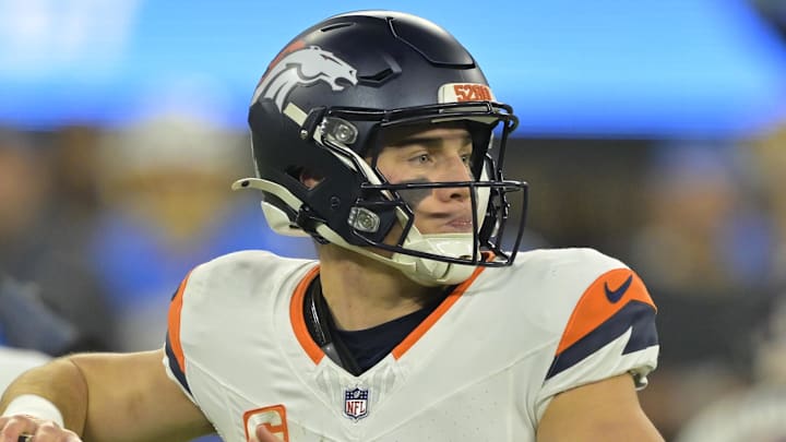Dec 19, 2024; Inglewood, California, USA;  Denver Broncos quarterback Bo Nix (10) throws a pass in the first half against the Los Angeles Chargers at SoFi Stadium. Mandatory Credit: Jayne Kamin-Oncea-Imagn Images