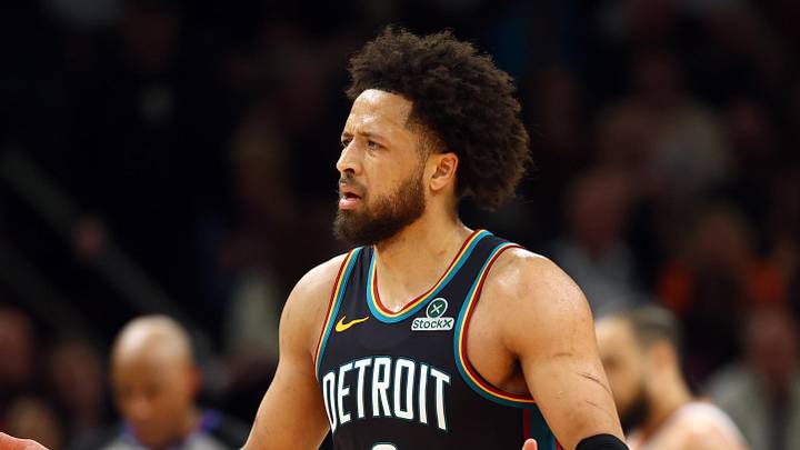 Jan 29, 2026; Phoenix, Arizona, USA; Detroit Pistons guard Cade Cunningham (2) reacts against the Phoenix Suns in the first half at Mortgage Matchup Center. Mandatory Credit: Mark J. Rebilas-Imagn Images