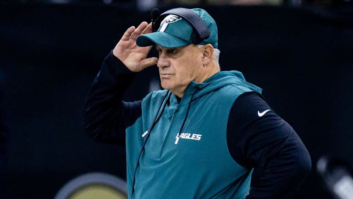 Sep 22, 2024; New Orleans, Louisiana, USA; Philadelphia Eagles defensive coordinator Vic Fangio looks on during the first half against the New Orleans Saints at Caesars Superdome. Mandatory Credit: Stephen Lew-Imagn Images