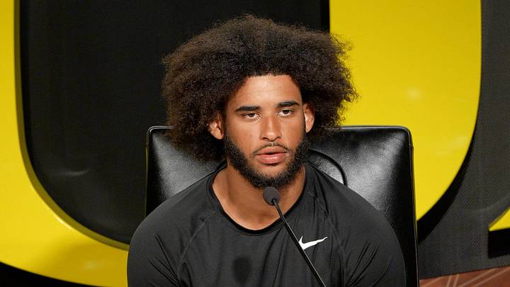 Oregon quarterback Dante Moore speaks during a media availability on April 7, 2026, in Eugene, Oregon. Oregon quarterback Dante Moore speaks during a media availability on April 7, 2026, in Eugene, Oregon.