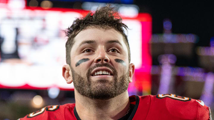 Dec 24, 2023; Tampa, Florida, USA; Tampa Bay Buccaneers quarterback Baker Mayfield (6) all smiles after the win against the Jacksonville Jaguars at Raymond James Stadium. Mandatory Credit: Jeremy Reper-Imagn Images Dec 24, 2023; Tampa, Florida, USA; Tampa Bay Buccaneers quarterback Baker Mayfield (6) all smiles after the win against the Jacksonville Jaguars at Raymond James Stadium. Mandatory Credit: Jeremy Reper-Imagn Images