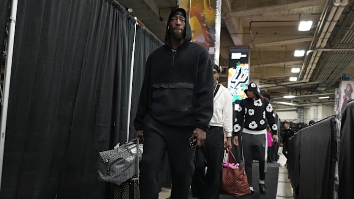 Miami Heat center Bam Adebayo enters Frost Bank Center before a game against the San Antonio Spurs. Miami Heat center Bam Adebayo enters Frost Bank Center before a game against the San Antonio Spurs.