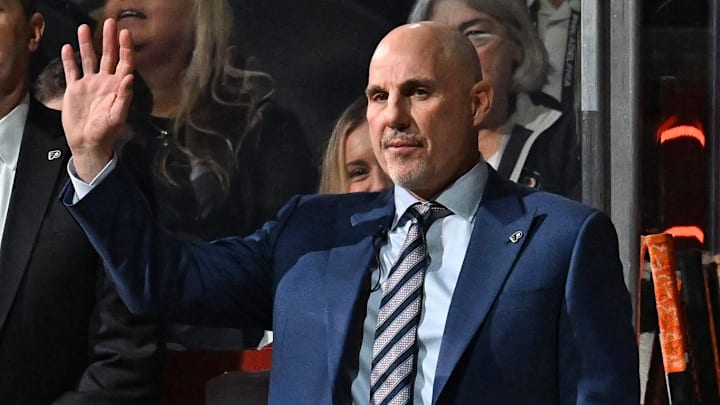 Oct 13, 2025; Philadelphia, Pennsylvania, USA; Philadelphia Flyers assistant head coach Todd Reirden and Rick Tocchet during introductions against the Florida Panthers at Wells Fargo Center. Mandatory Credit: Eric Hartline-Imagn Images Oct 13, 2025; Philadelphia, Pennsylvania, USA; Philadelphia Flyers assistant head coach Todd Reirden and Rick Tocchet during introductions against the Florida Panthers at Wells Fargo Center. Mandatory Credit: Eric Hartline-Imagn Images