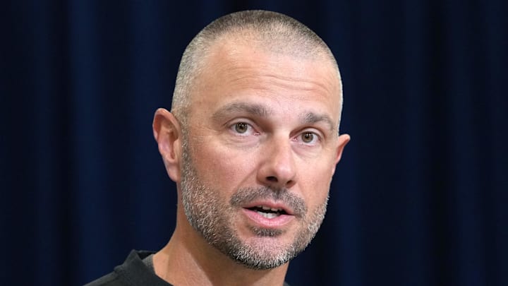 Feb 24, 2026; Indianapolis, IN, USA; Las Vegas Raiders general manager John Spytek speaks at the NFL Scouting Combine at the Indiana Convention Center. Mandatory Credit: Kirby Lee-Imagn Images