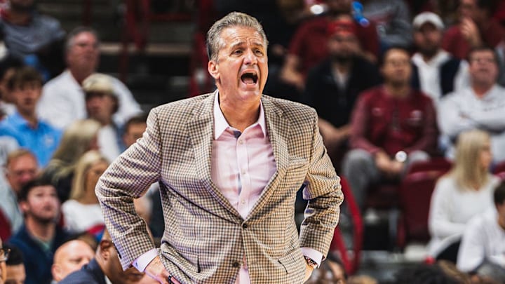 Arkansas coach John Calipari reacts on the sideline against the Troy  Trojans. The Razorbacks won 65-49.