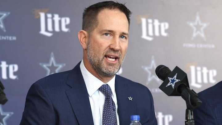 Jan 27, 2025; Frisco, TX, USA;   Dallas Cowboys Head Coach Brian Schottenheimer speaks to the media at a press conference at the Star.  Mandatory Credit: Tim Heitman-Imagn Images