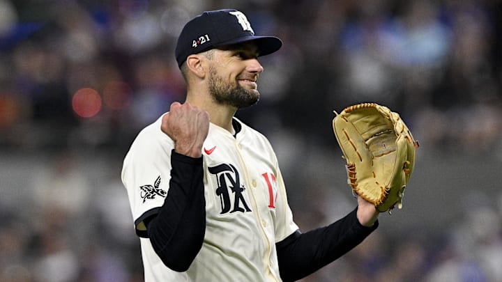 Jul 25, 2025; Arlington, Texas, USA; Texas Rangers starting pitcher Nathan Eovaldi (17) reacts to a call during the fifth inning against the Atlanta Braves at Globe Life Field. Jul 25, 2025; Arlington, Texas, USA; Texas Rangers starting pitcher Nathan Eovaldi (17) reacts to a call during the fifth inning against the Atlanta Braves at Globe Life Field.
